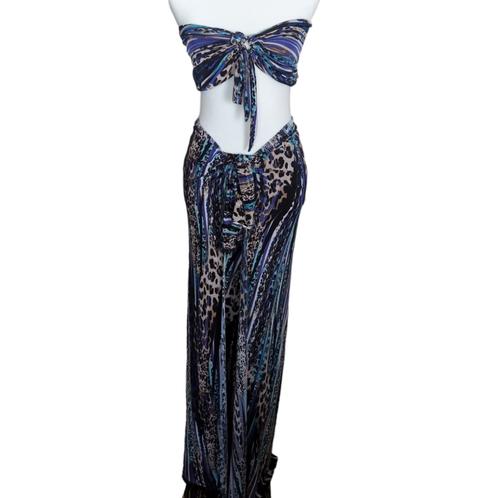 Blue Striped Cheetah Print Pant Wrap and Bandeau Set